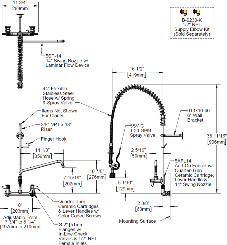 T&S Brass (5PR-8W14-C) Pre-Rinse Unit: 8in Wall Mount, Low-Flow Spray Valve, Add-On Faucet & 14in Swing Nozzle additional product graphic