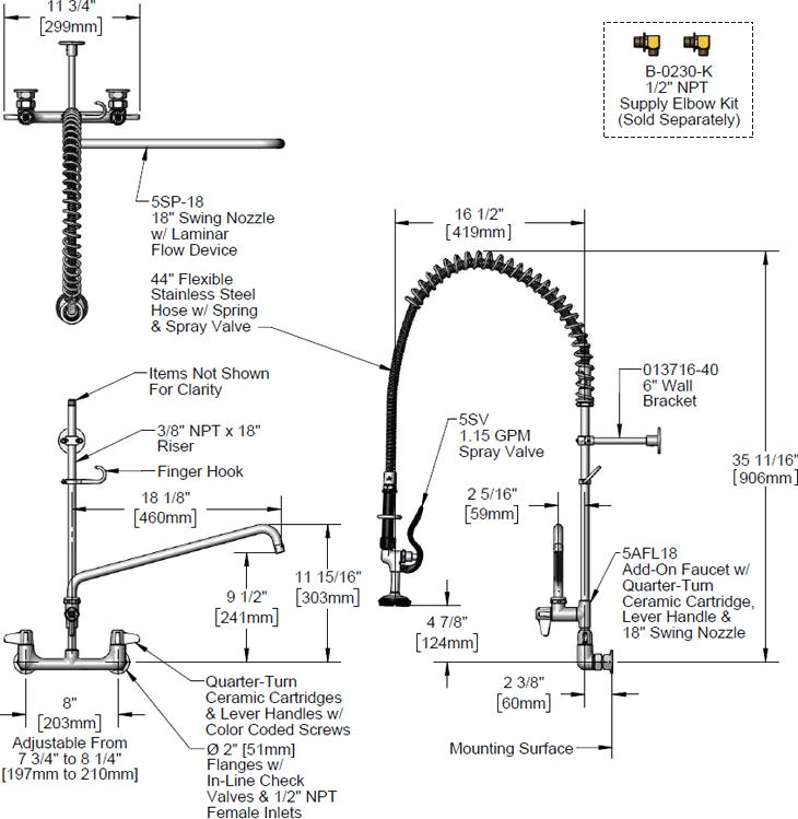 T&S Brass (5PR-8W18) Pre-Rinse, Wall Mount Base, 8in Centers, 6in Wall Bracket, 18in Add-On Faucet additional product graphic