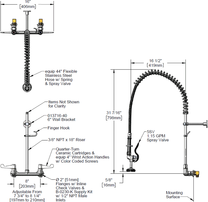 T&S Brass (5PR-8WWS00) Pre-Rinse, 8in Wall Mount, Ceramas, 4in Wrist Handles, Inlet Elbow Kit, Wall Bracket additional product graphic