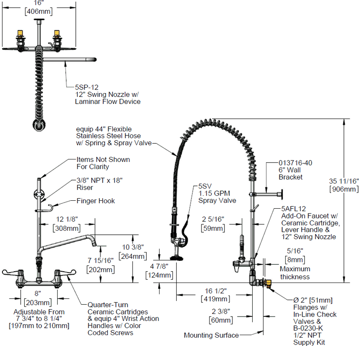 T&S Brass (5PR-8WWS12) Pre-Rinse, 8in Wall Mount Base, Cerama, 12in Add-On Nozzle, 4in Wrist Handles, Inlet Elbow Kit additional product graphic