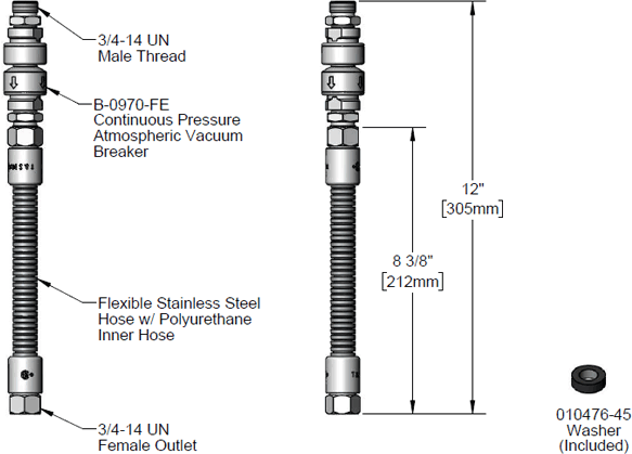 T&S Brass (B-0012-VB) Hose, 12in Flexible Stainless Steel, Backflow Preventer (B-0970-FE) additional product graphic