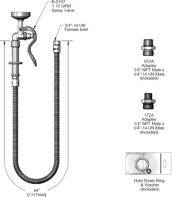 T&S Brass (B-0044-H3) Hose, 44in Flexible Stainless Steel w/ 172A Adapter and 053A Adapter & Spray Valve additional product graphic