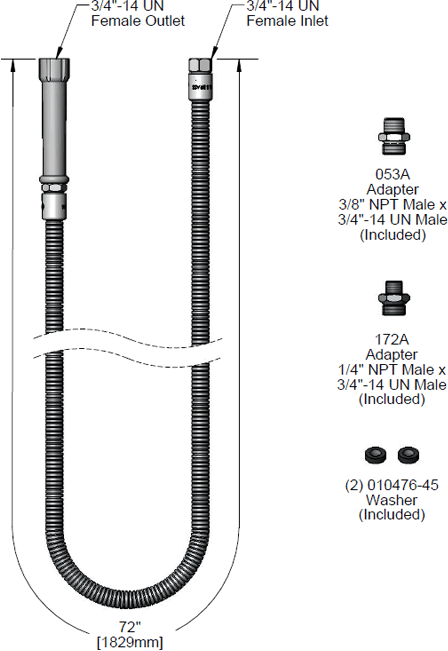 T&S Brass (B-0072-HP) Hose, 72in Flexible Stainless Steel, Includes 172A & 053A Adapters additional product graphic