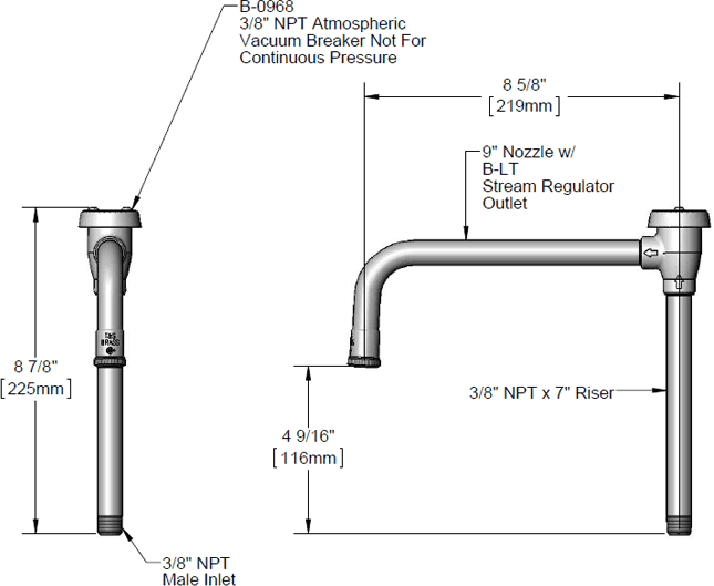 T&S Brass (B-0405-03) Nozzle, Rigid, Vacuum Breaker, 8-5/8in Spread, 8-7/8in Height additional product graphic