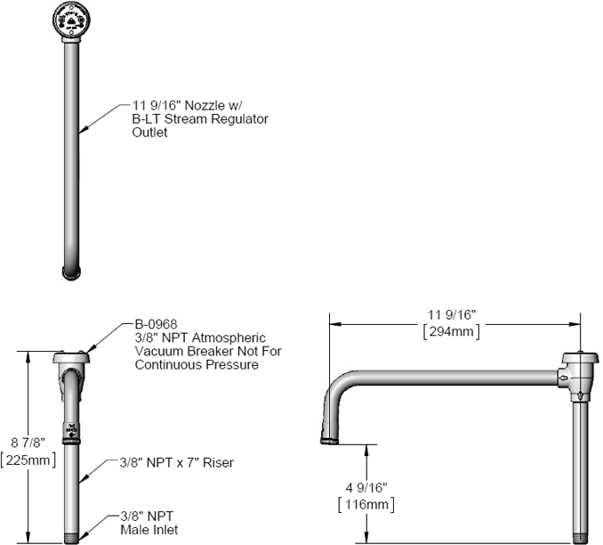 T&S Brass (B-0405-04) Nozzle, Rigid, Vacuum Breaker, 11-5/8in Spread, 8-7/8in Height additional product graphic