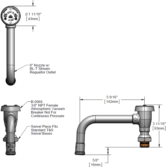T&S Brass (B-0408-02) Nozzle, Swivel, Vacuum Breaker, 5-5/8in Spread, 3-11/16in Height additional product graphic