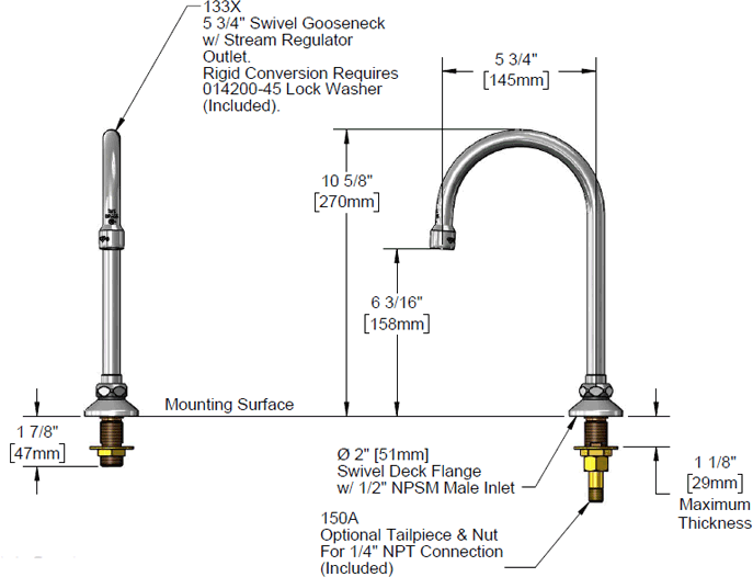 T&S Brass (B-0520) Rigid Gooseneck, Deck Mount, 5-1/2in Spread, 10-1/4in Height, 5-3/4in Clearance additional product graphic