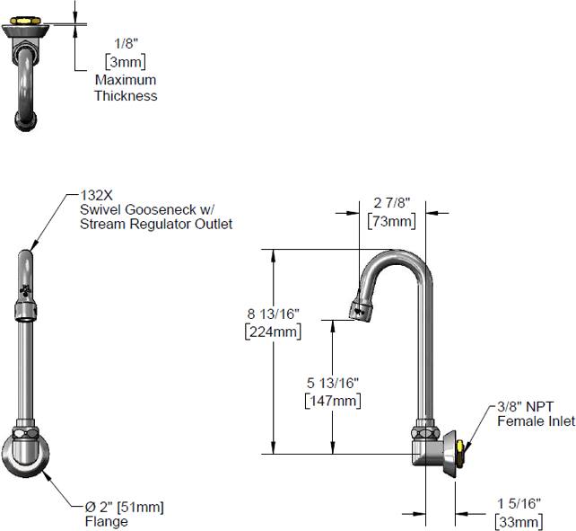 T&S Brass (B-0529-01) Swivel Gooseneck, Wall Mount, Stream Regulator, 2-5/8in Spread, 9-5/16in Height additional product graphic