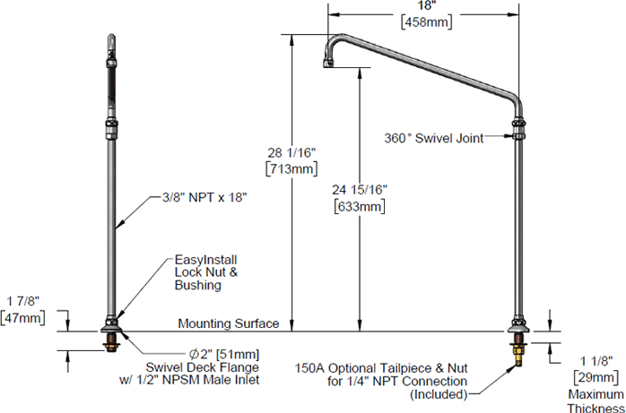 T&S Brass (B-0543) Elevated Swing Nozzle, 18in Nozzle, 27-7/16in Height additional product graphic
