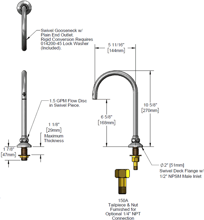 T&S Brass (B-0545-F15-LW) Swivel Gooseneck w/ Plain End, 1.5 GPM Flow Control, Lock Washer additional product graphic