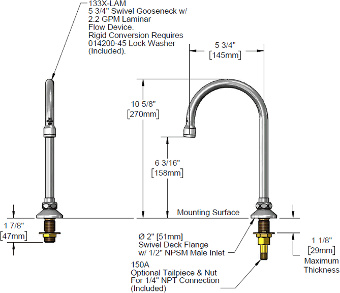 T&S Brass (B-0546) Swivel Gooseneck, Deck Mount, Laminar Flow Outlet, 5-11/16in Spread, 10in Height additional product graphic