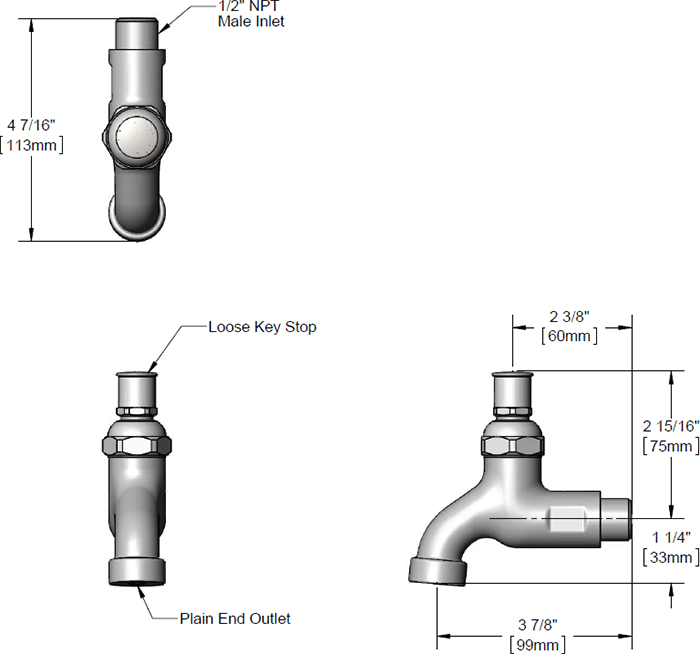 T&S Brass (B-0703-124A) Sill Faucet: 1/2in NPT Male Inlet, Loose Key Stop, 3-1/2in Outlet to Center of Spout additional product graphic