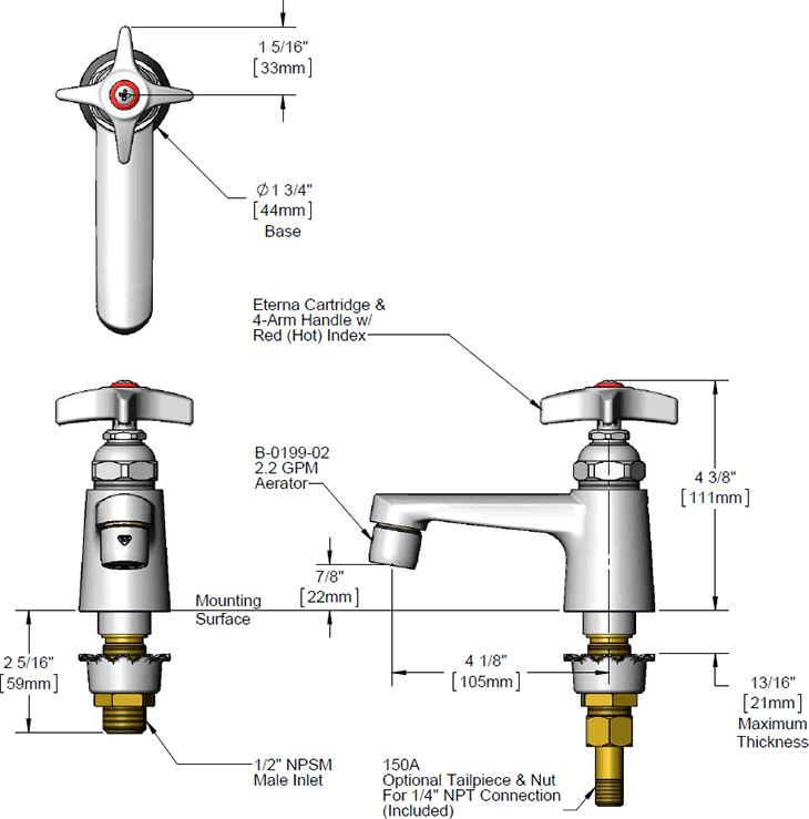T&S Brass (B-0710-HW) Sill Faucet, 1/2in NPSM Male Shank, 2.2 GPM Aerator, 4-Arm Handle w/ Hot Index Ring additional product graphic