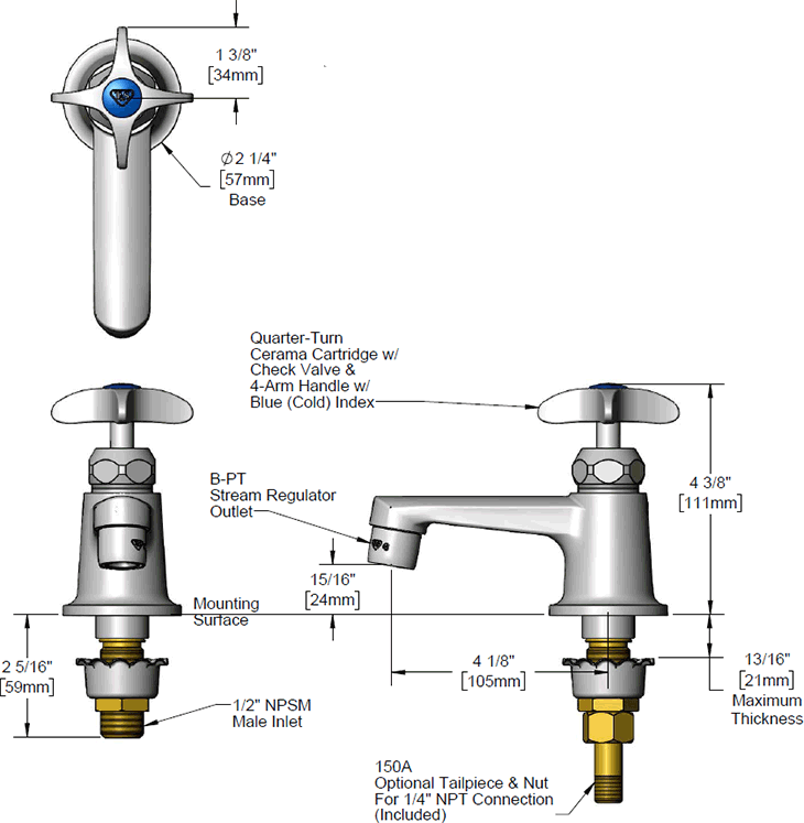 T&S Brass (B-0710-LT-CR) Sill Faucet, Cerama Cartridge, 4-Arm Handle, Stream Regulator Outlet, 1/2in NPS Male Inlet additional product graphic