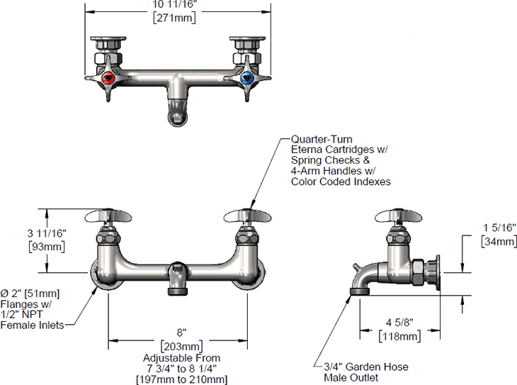 T&S Brass (B-2480) Service Sink Faucet, Garden Hose Outlet, 4-Arm Handles, Rough Chrome Finish additional product graphic