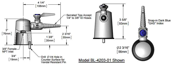 T&S Brass (BL-4203-0) Lab Turret, Tapered w/ (2) 90 Degree Hose Cocks, Vandal Resistant Mounting Stud additional product graphic