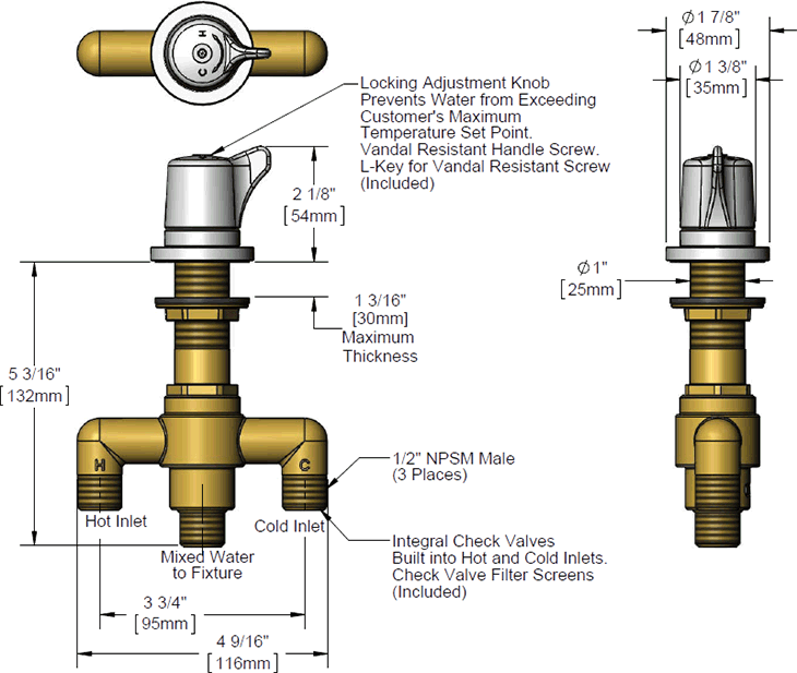T&S Brass (EC-SMT) Above Deck Thermostatic Mixing Valve w/ 1/2in NPSM Male Fittings additional product graphic