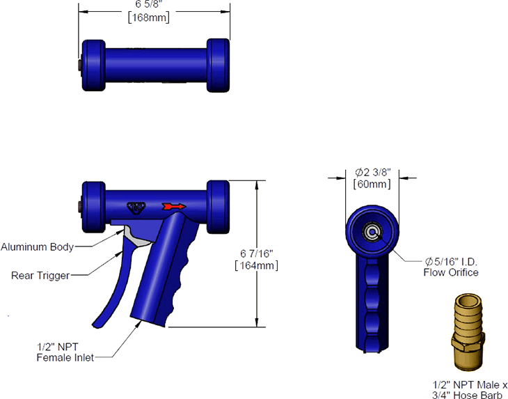 T&S Brass (MV-3516-22) Water Gun, Aluminum, Rear Trigger, 5/16in Orifice, w/ 1/2in NPT x 3/4in Hose Barb additional product graphic