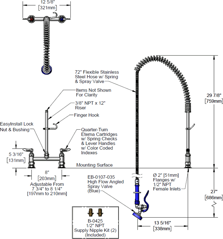 T&S Brass (P3-8DOSN00PZLXB) 8in Deck Mount Faucet, Compression Cartridges, B-0425 Supply Kit, 12in Riser, EB-0072-H Flex Hose, EB-0107-035 additional product graphic