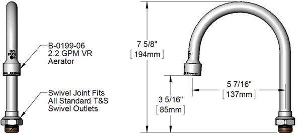 T&S Brass (018490-40) Swivel Gooseneck w/ 5-7/16in Spread & 2.2 GPM Vandal Resistant Aerator additional product graphic