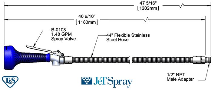 T&S Brass (B-0100-08) Spray Valve (B-0108) w/ 44in Flexible Stainless Steel Hose (B-0044-H), Less Handle additional product graphic
