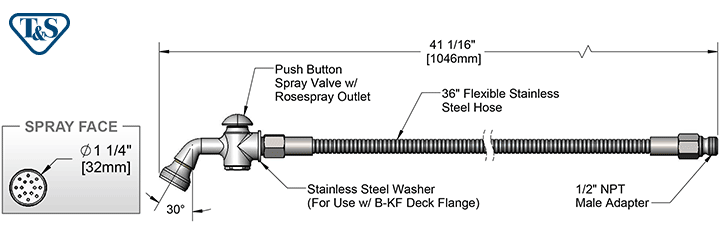 T&S Brass (B-0101) Spray Valve w/ Rosespray Head & 38in Flexible Stainless Steel Hose (013E-36) additional product graphic