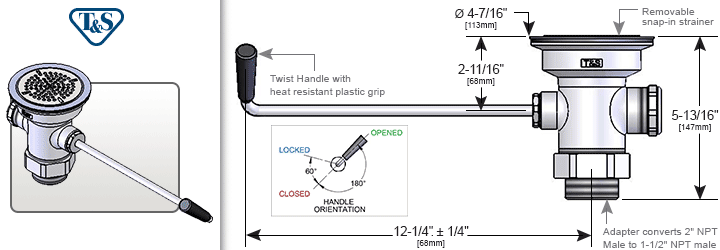 T&S Brass (B-3950) Waste Drain Valve, Twist Handle, 3-1/2in x 2in & 1-1/2in Adapter additional product graphic