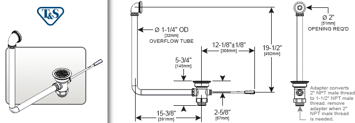 T&S Brass (B-3960-01) Waste Lever, 3in x 2in w/ Overflow, NPT Adapter additional product graphic