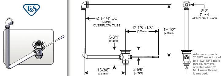 T&S Brass (B-3970-01) Waste Lever, 3-1/2in x 2in w/ Overflow, NPT Adapter additional product graphic