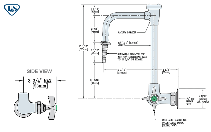 T&S Brass (BL-5710-07) Lab Faucet, Single Temperature, Wall Mount, Rigid Vacuum Breaker Nozzle, Serrated Tip additional product graphic