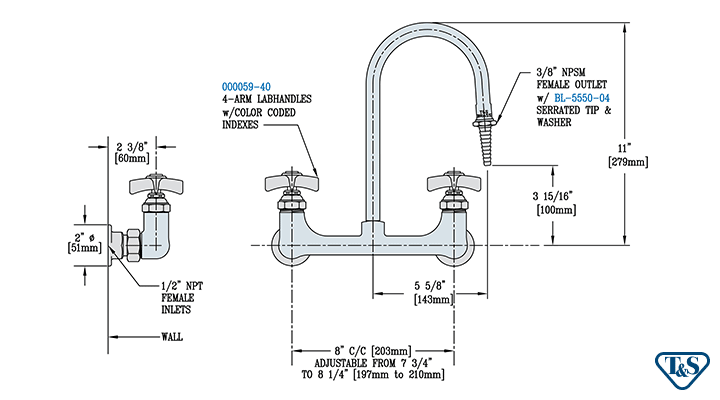 T&S Brass (BL-5725-01) Lab Mixing Faucet, Wall Mounted, Rigid Gooseneck, Serrated Tip, 4-Arm Handles additional product graphic