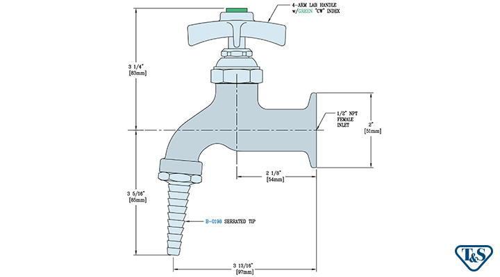 T&S Brass (BL-5800-02) Single Supply Lab Faucet, Serrated Tip Outlet, 1/2in NPT Female Inlet, 4-Arm Handle additional product graphic